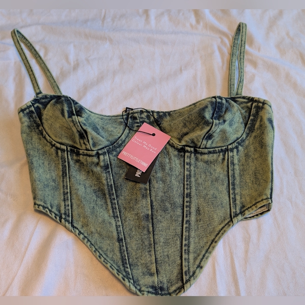 Vintage Wash Green Tint Curved Hem Denim Corset Bustier Top Size US4
